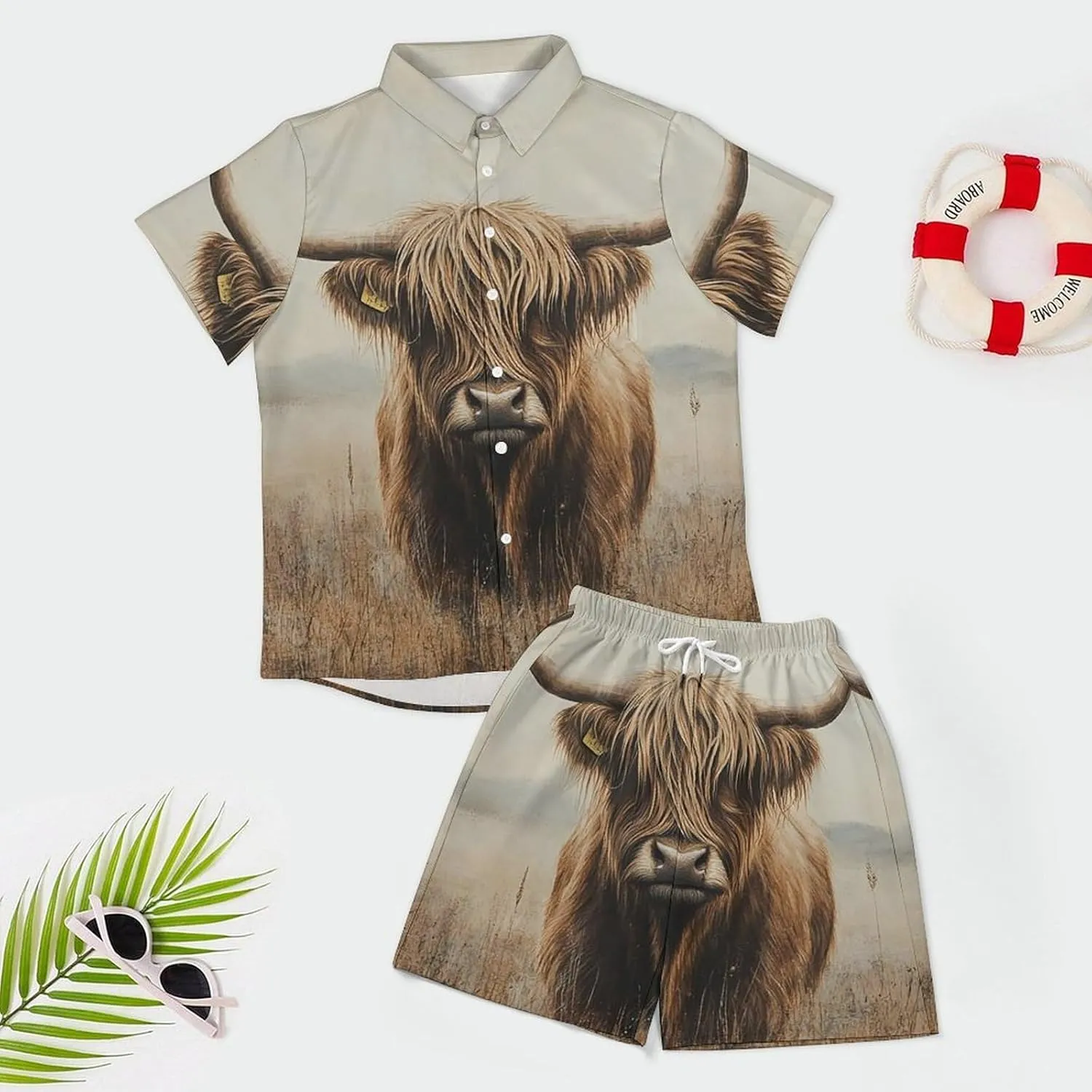Highland Cow PrintMen's Two-piece Casual Short-sleeved Shirt Summer Loose Vacation Suit
