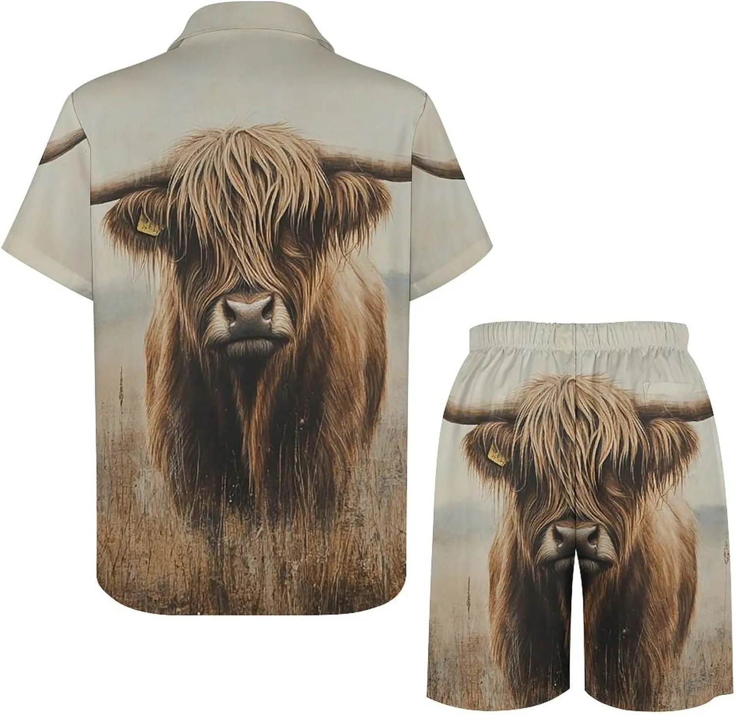 Highland Cow PrintMen's Two-piece Casual Short-sleeved Shirt Summer Loose Vacation Suit