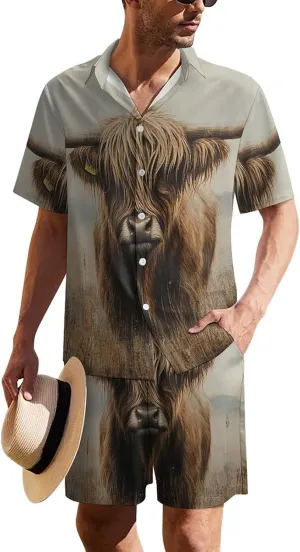 Highland Cow PrintMen's Two-piece Casual Short-sleeved Shirt Summer Loose Vacation Suit