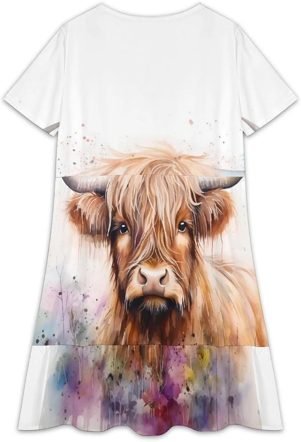 Highland Cow Watercolour Women's Short Sleeve High Waist Peplum Dress with Bow Tie Front