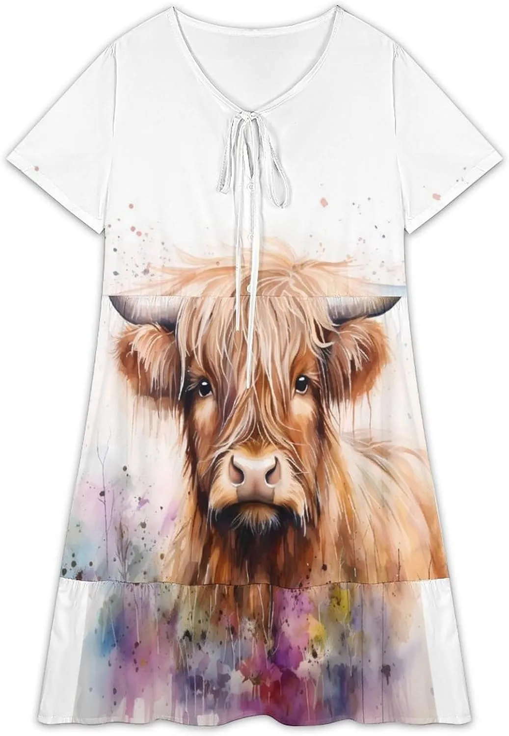 Highland Cow Watercolour Women's Short Sleeve High Waist Peplum Dress with Bow Tie Front