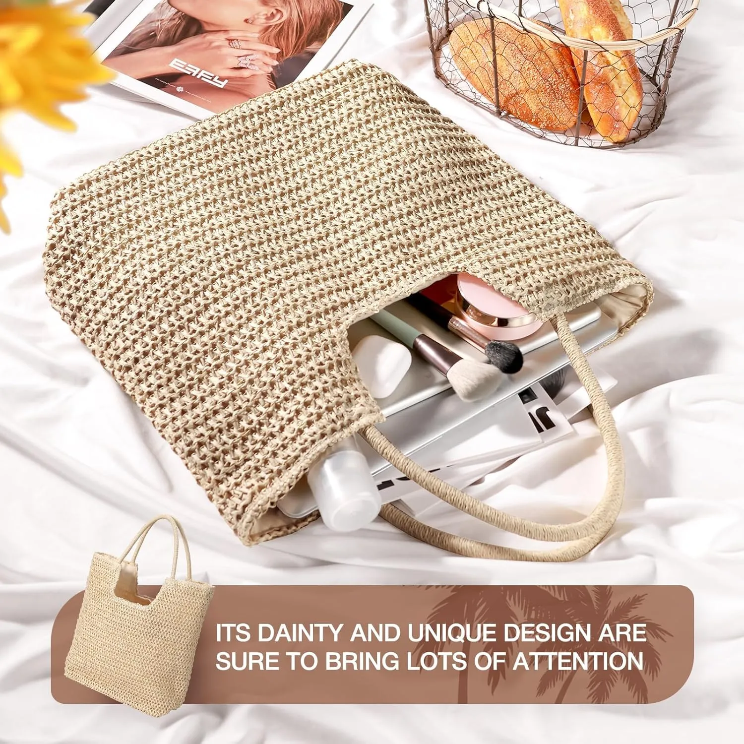 Hommtina Straw Beach Bag - Womens Crossbody Shoulder Vacation Purse for Summer
