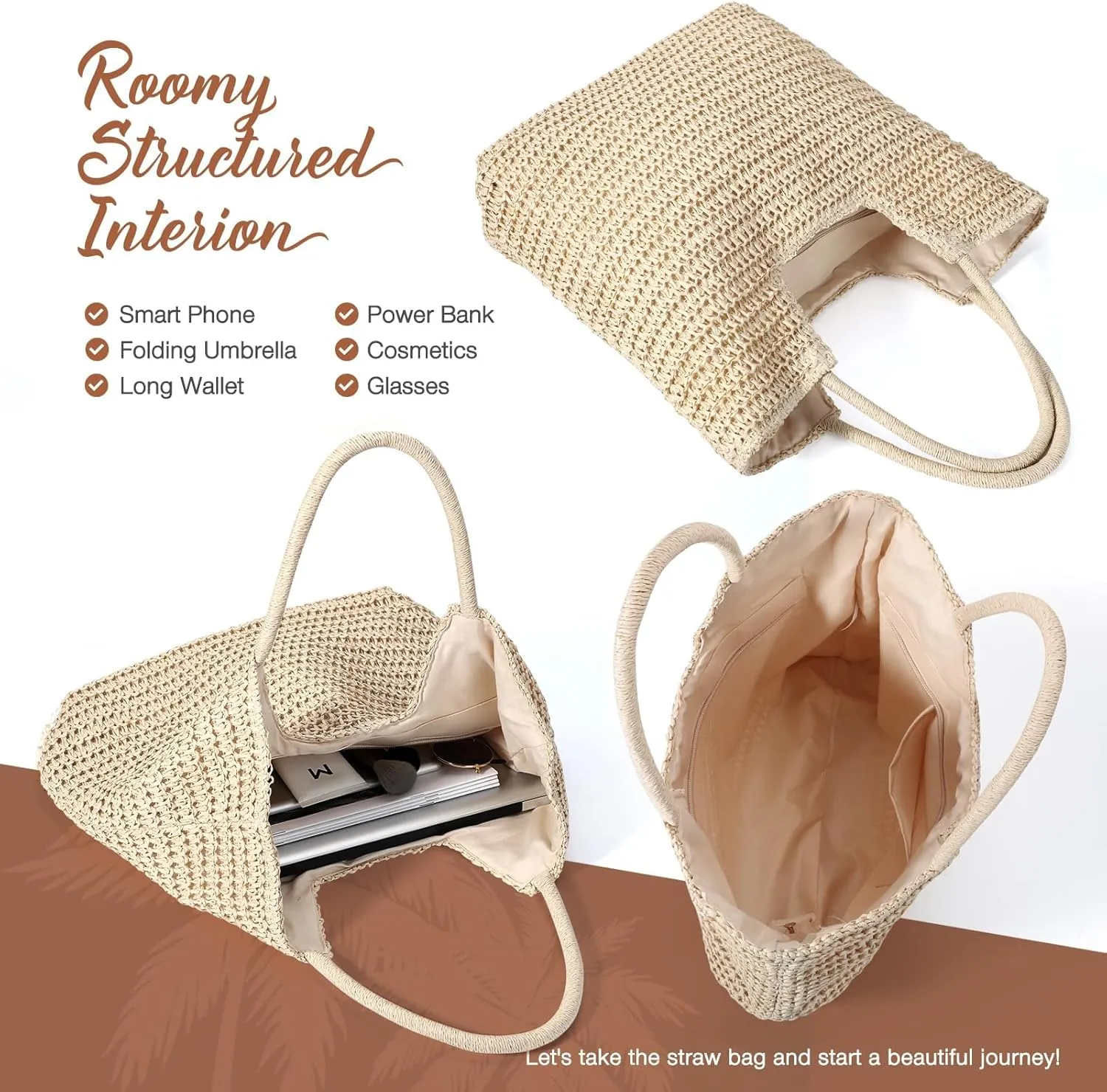 Hommtina Straw Beach Bag - Womens Crossbody Shoulder Vacation Purse for Summer
