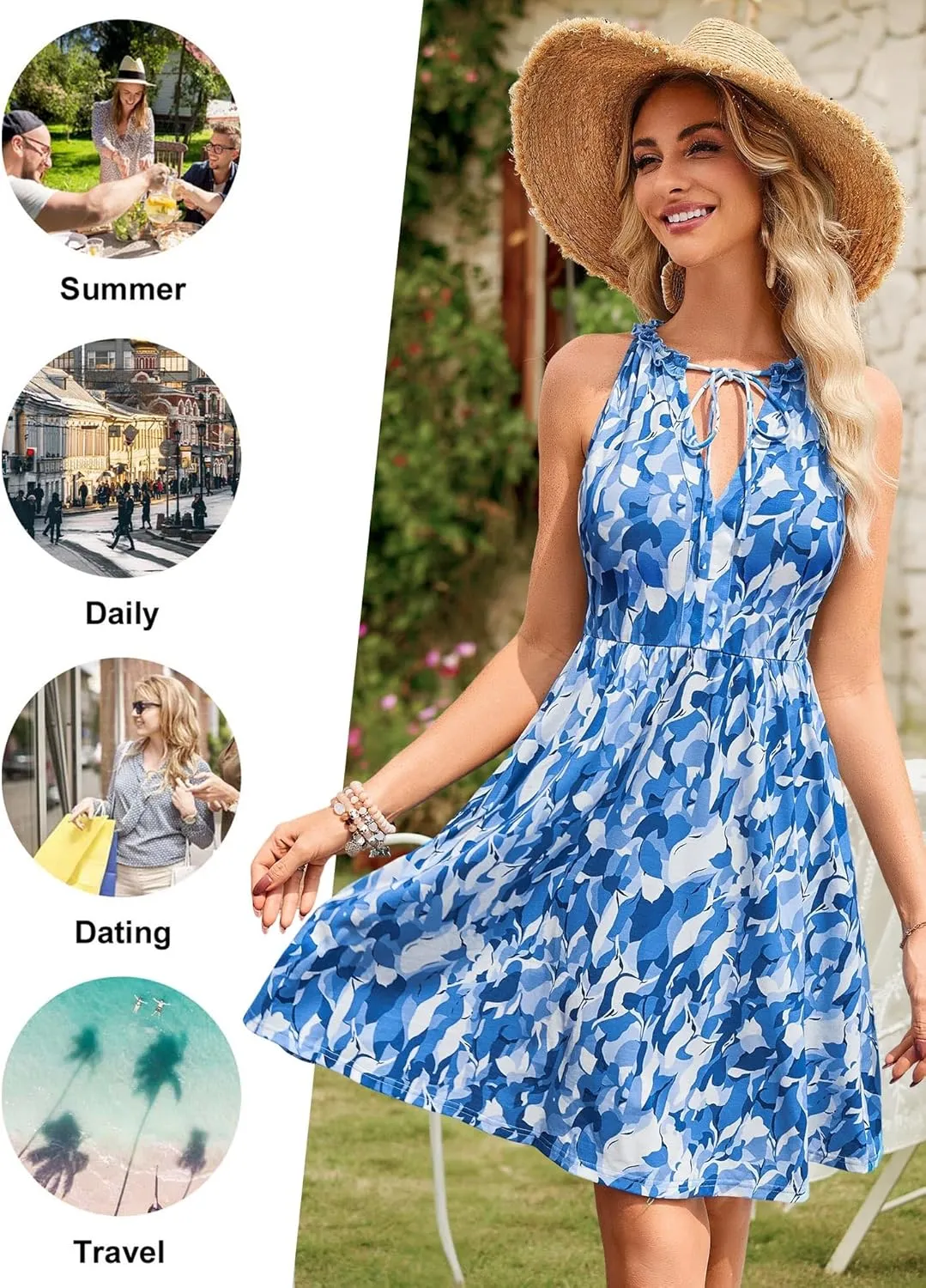 HUHOT Petite Women Teen Summer Halter Dress Vacation Mini Sundress with Pockets