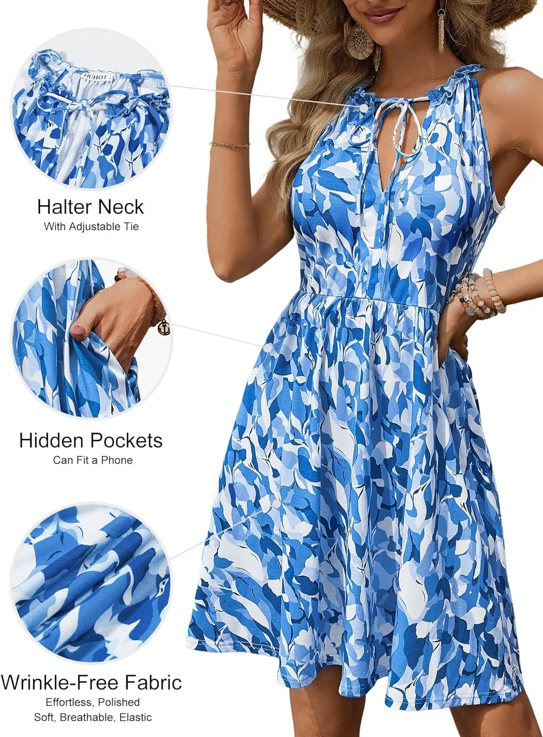 HUHOT Petite Women Teen Summer Halter Dress Vacation Mini Sundress with Pockets