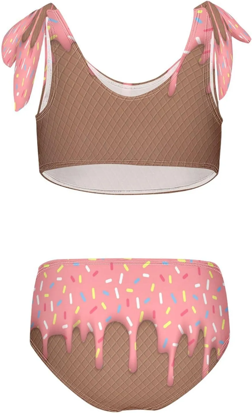Ice Cream Cone Dripping Pink Glaze Girls Tankini Swimsuit Kids Bikini Sets 2 Pcs Bathing Suit for 3T