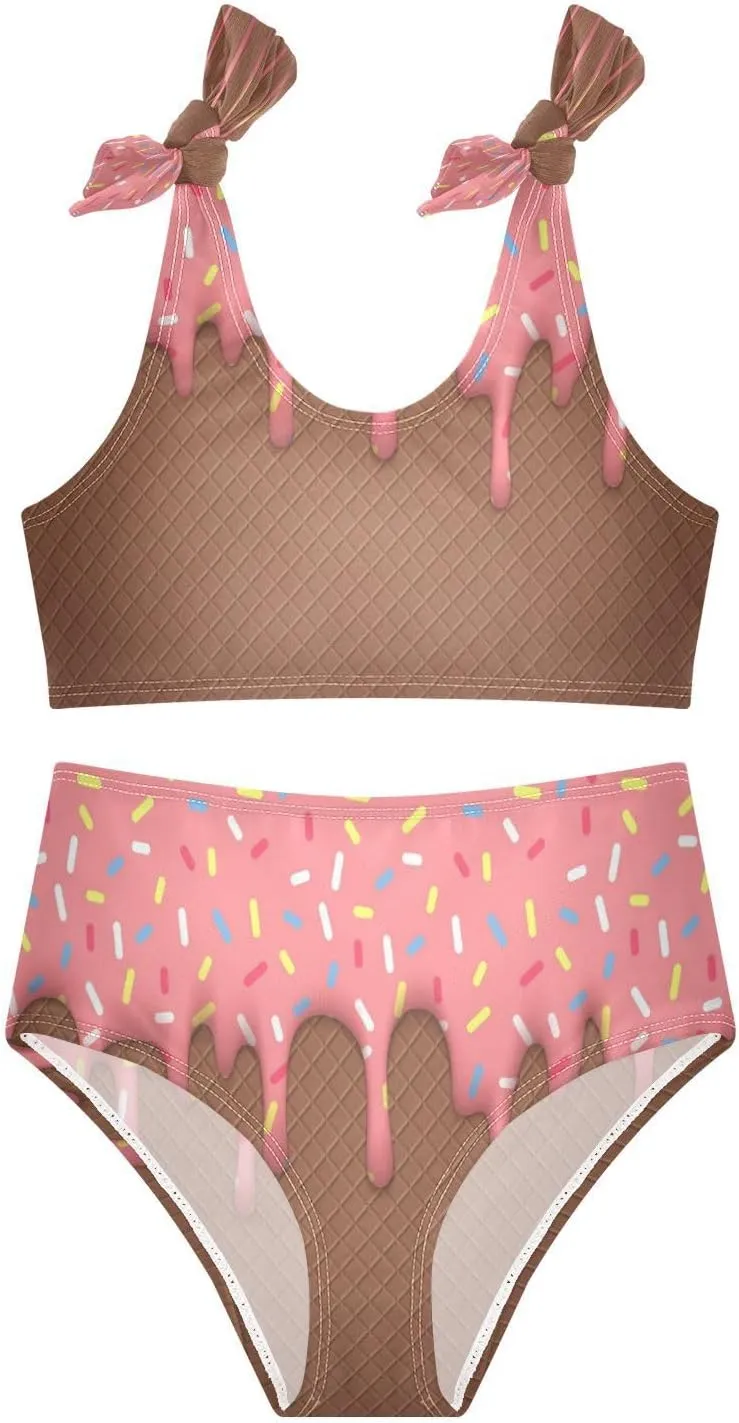 Ice Cream Cone Dripping Pink Glaze Girls Tankini Swimsuit Kids Bikini Sets 2 Pcs Bathing Suit for 3T