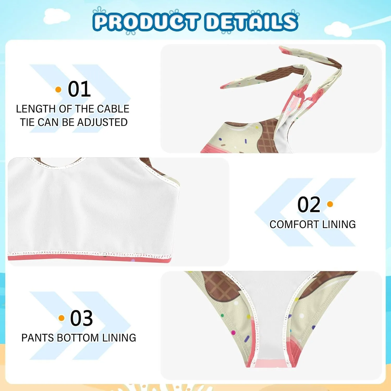 Ice Cream Cone Pink White Girls Tankini Swimsuit Kids Bikini Sets 2 Pcs Bathing Suit for 3T