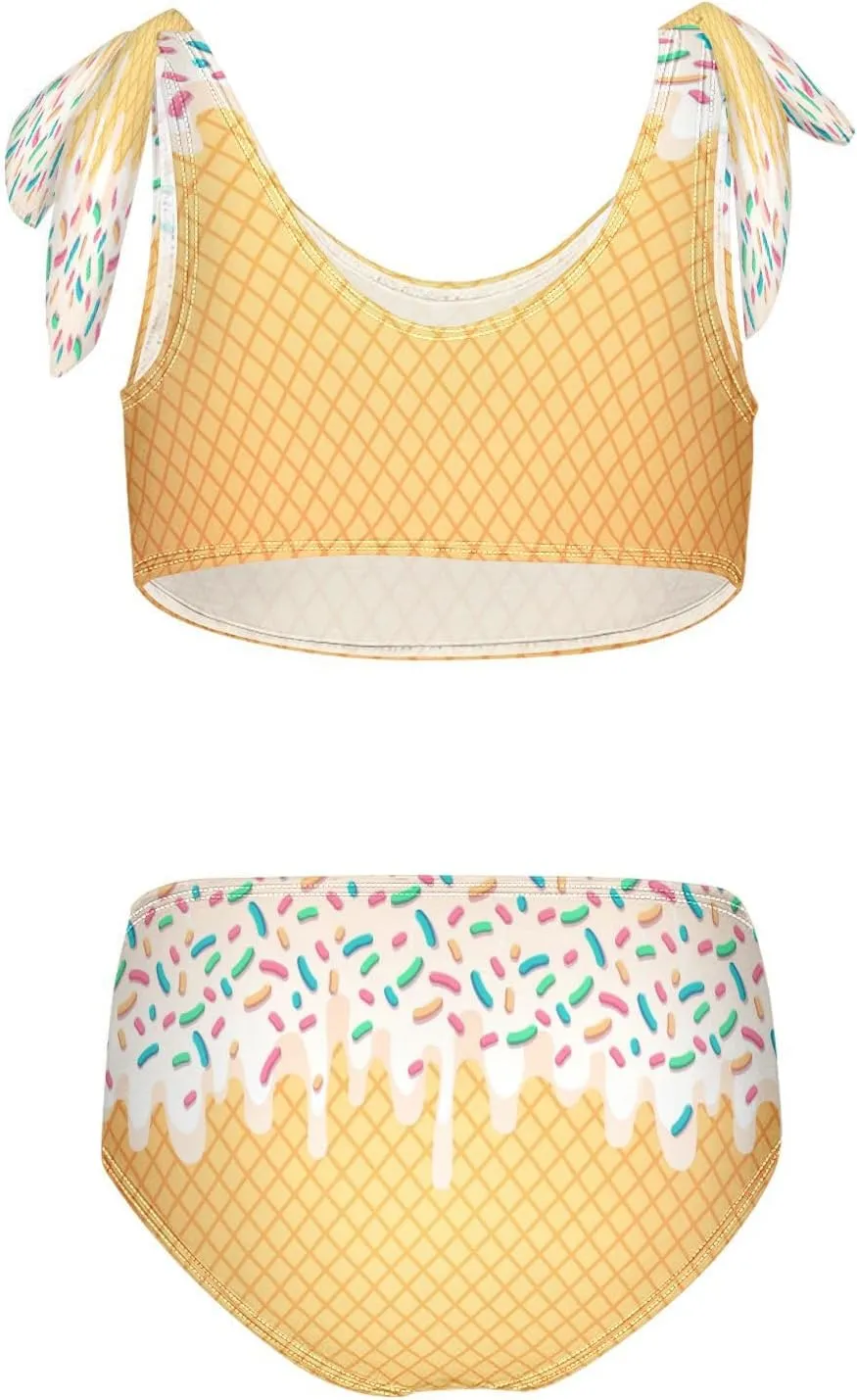 Ice Cream Cone White Wafer Girls Tankini Swimsuit Kids Bikini Sets 2 Pcs Bathing Suit for 3T