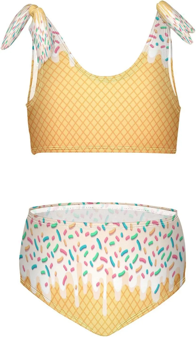 Ice Cream Cone White Wafer Girls Tankini Swimsuit Kids Bikini Sets 2 Pcs Bathing Suit for 3T