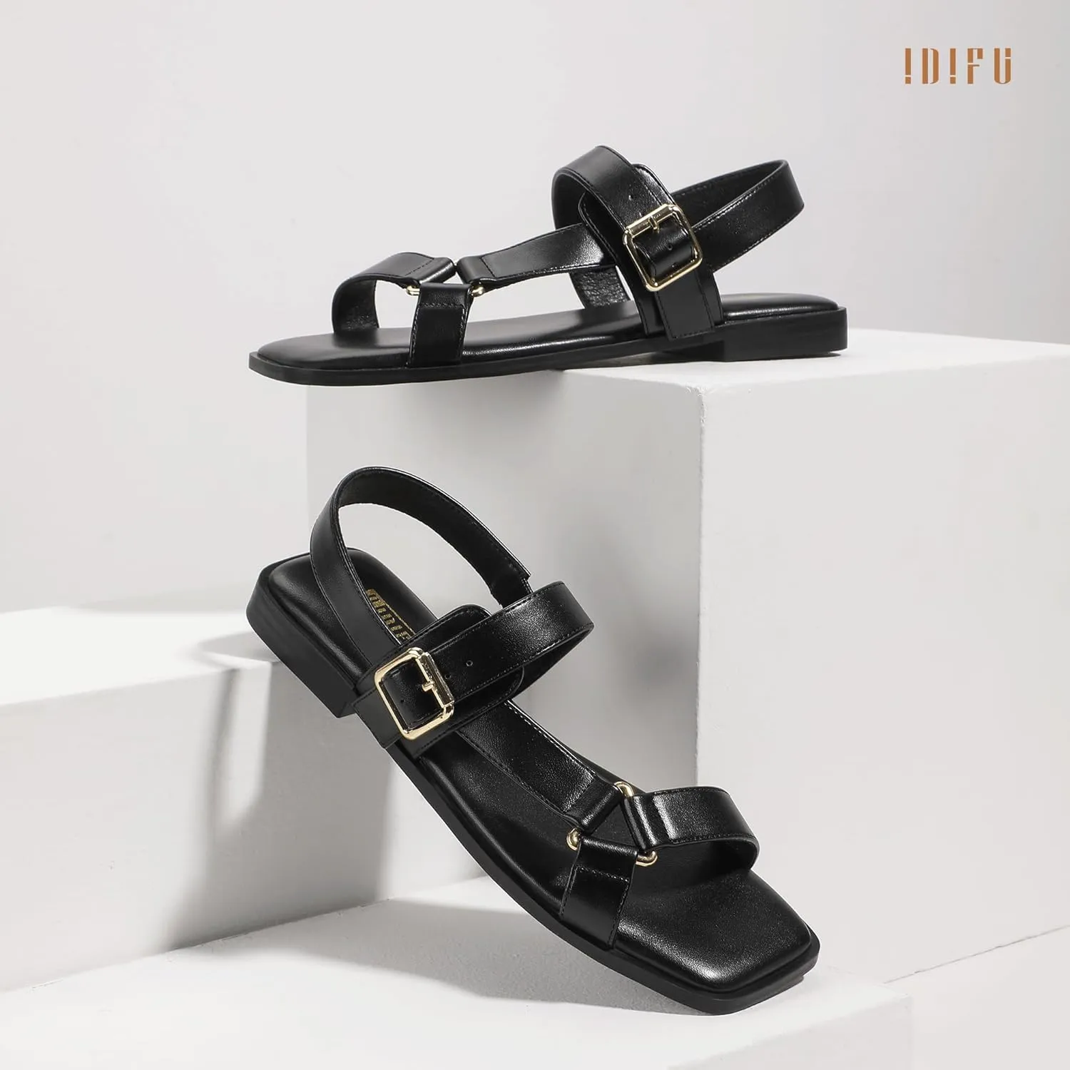 IDIFU Flat Sandals for Women Strappy Slingback Ladies Dress Sandal Summer Beach Cute Dressy Comfortable Flats Ankle Strap Buckle Square Open Toe Trendy Casual Vacation Formal Sandals
