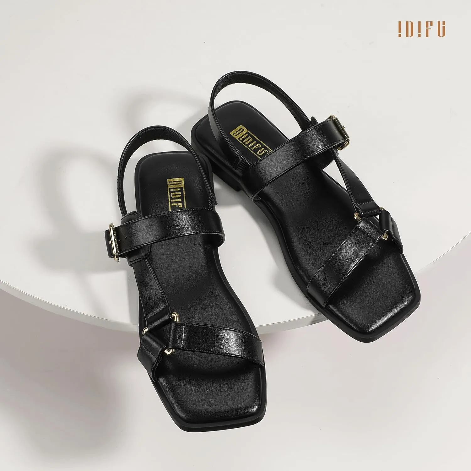 IDIFU Flat Sandals for Women Strappy Slingback Ladies Dress Sandal Summer Beach Cute Dressy Comfortable Flats Ankle Strap Buckle Square Open Toe Trendy Casual Vacation Formal Sandals