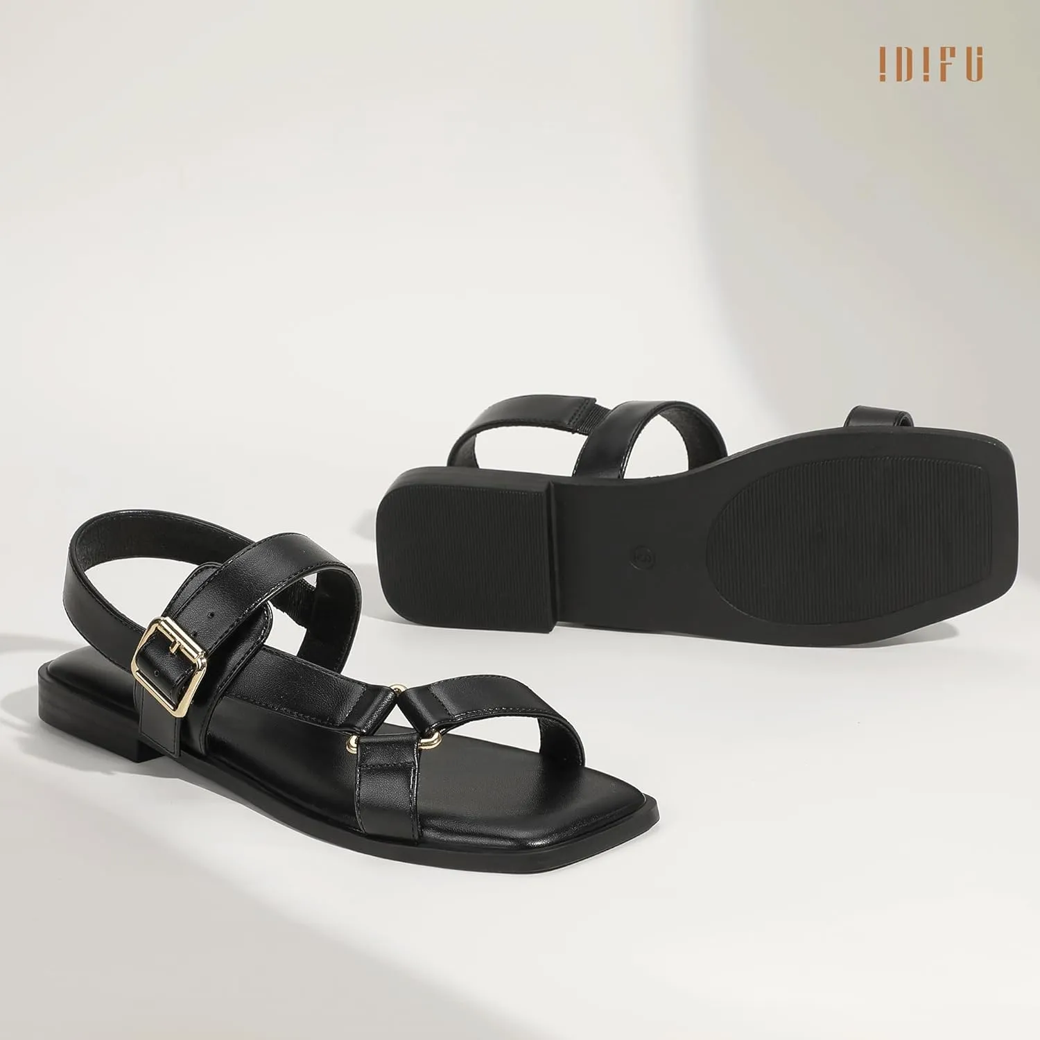 IDIFU Flat Sandals for Women Strappy Slingback Ladies Dress Sandal Summer Beach Cute Dressy Comfortable Flats Ankle Strap Buckle Square Open Toe Trendy Casual Vacation Formal Sandals