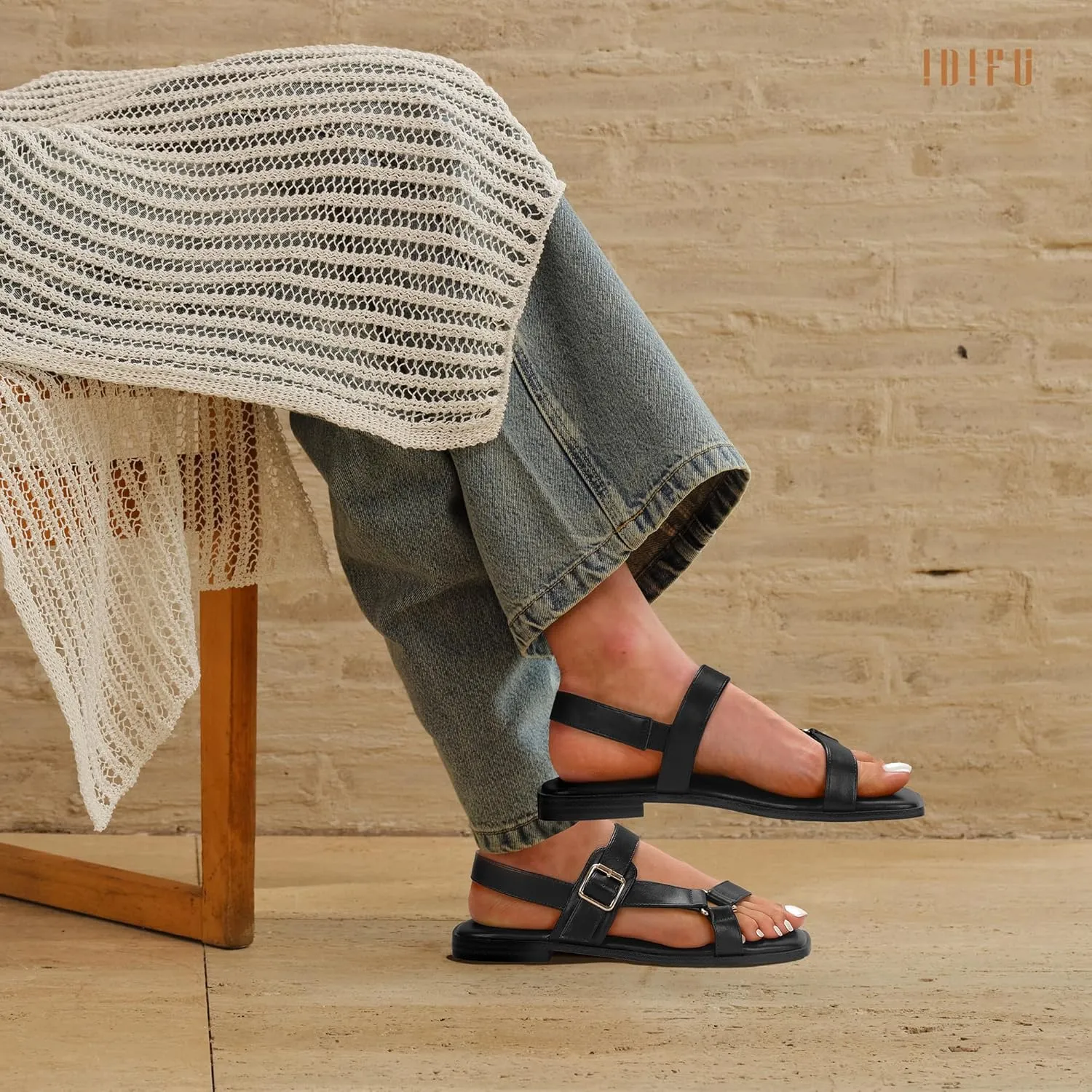 IDIFU Flat Sandals for Women Strappy Slingback Ladies Dress Sandal Summer Beach Cute Dressy Comfortable Flats Ankle Strap Buckle Square Open Toe Trendy Casual Vacation Formal Sandals