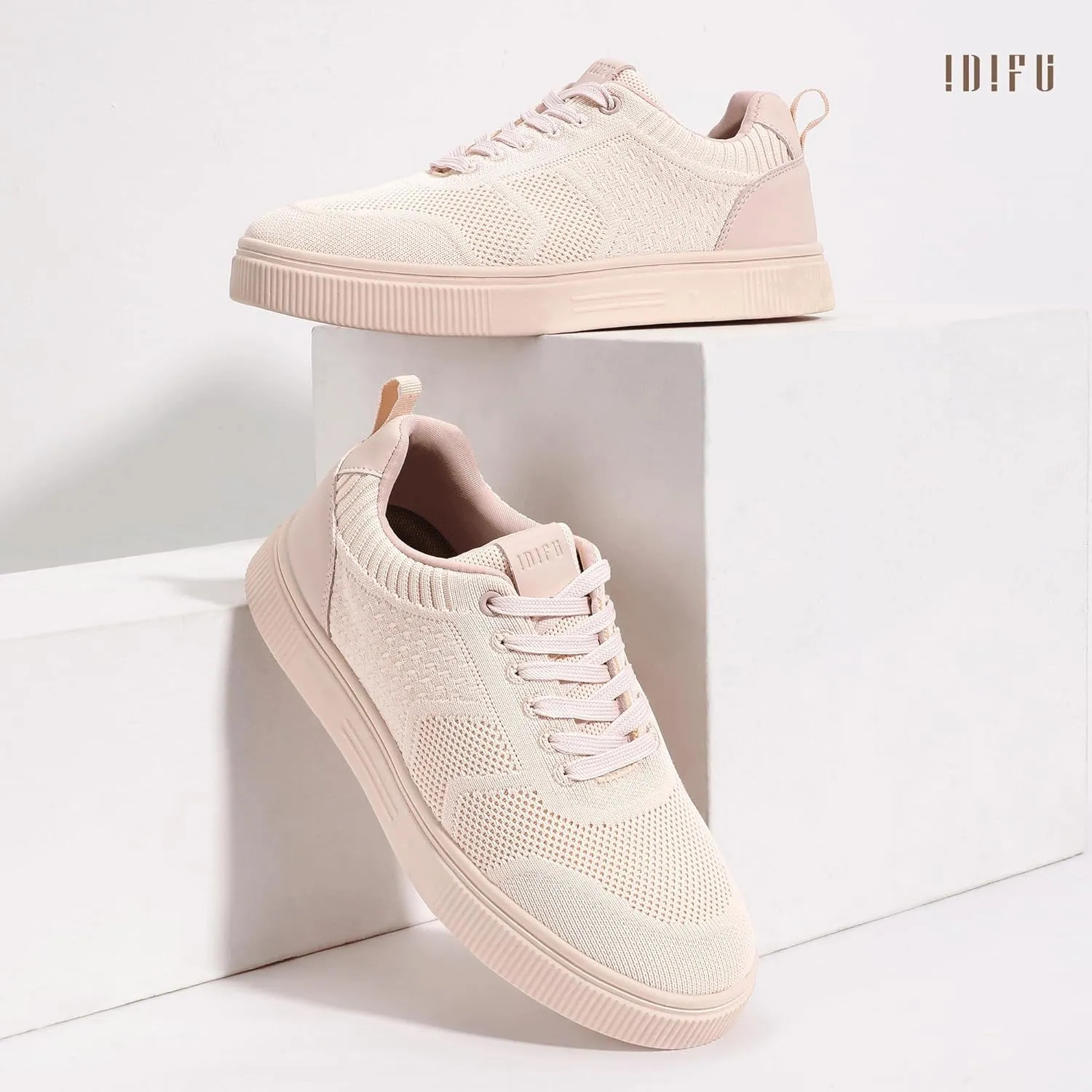 IDIFU Women's Fashion Sneakers Knit Lace Up Mesh Sneakers Ladies Casual Comfortable Dressy Trendy Tennis Shoes Spring Business Walking Work Office Travel Low Top Slide Slip On Flat Sneakers Shoes
