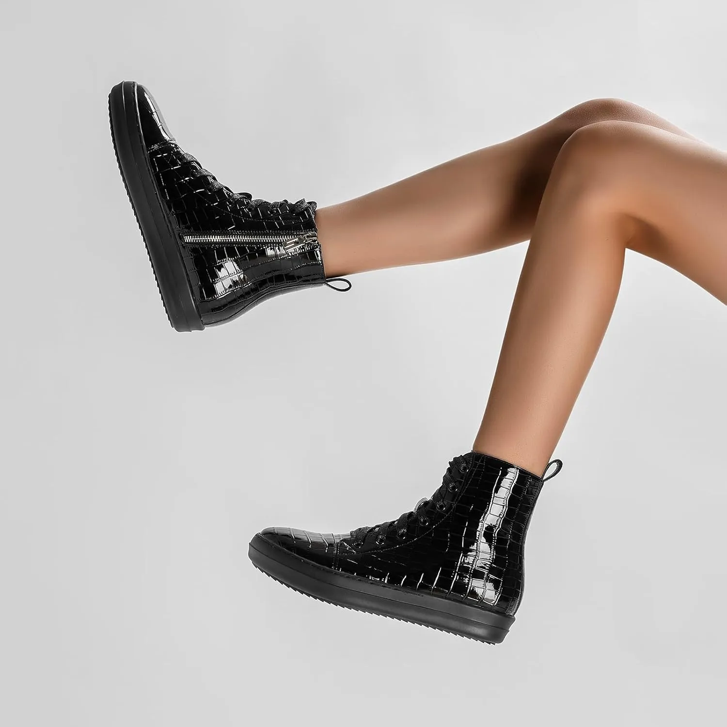 IMPREMEY Women's High Top Sneakers Lace Up PU Leather Shoes with Thick Soles and Zipper, Fashionable Walking Shoes