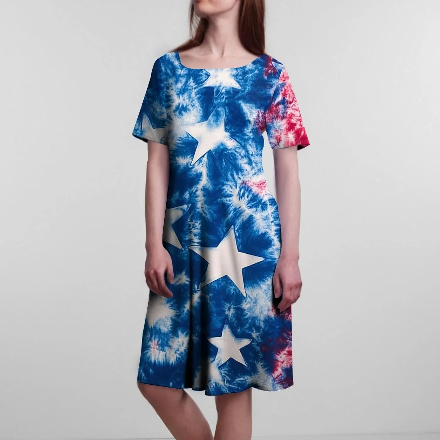Independence Day Short Sleeved Round Neck Women's Long Dress with American Flag Print Mini Dress
