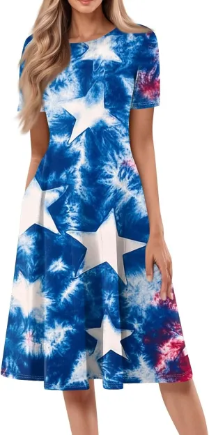 Independence Day Short Sleeved Round Neck Women's Long Dress with American Flag Print Mini Dress