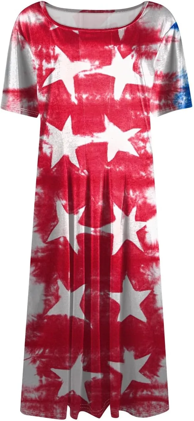 Independence Day Short Sleeved Round Neck Women's Long Dress with American Flag Print Mini Dress