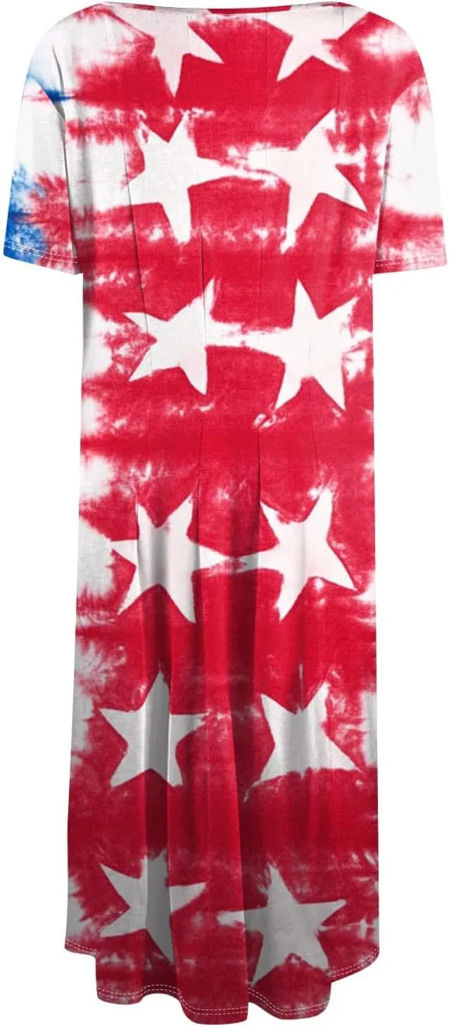 Independence Day Short Sleeved Round Neck Women's Long Dress with American Flag Print Mini Dress