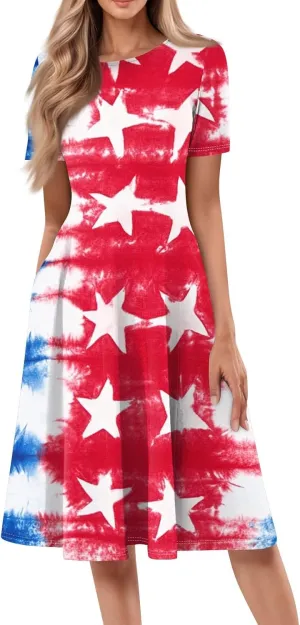 Independence Day Short Sleeved Round Neck Women's Long Dress with American Flag Print Mini Dress