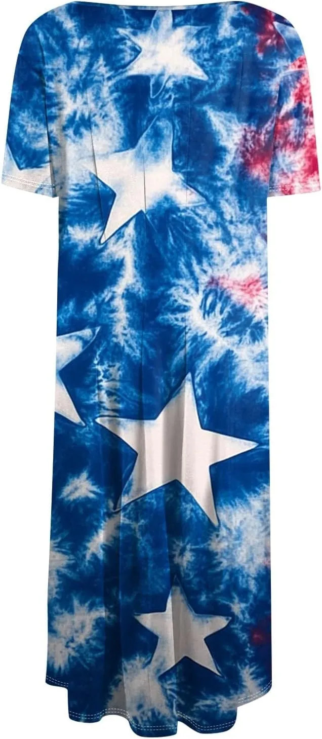 Independence Day Short Sleeved Round Neck Women's Long Dress with American Flag Print Mini Dress