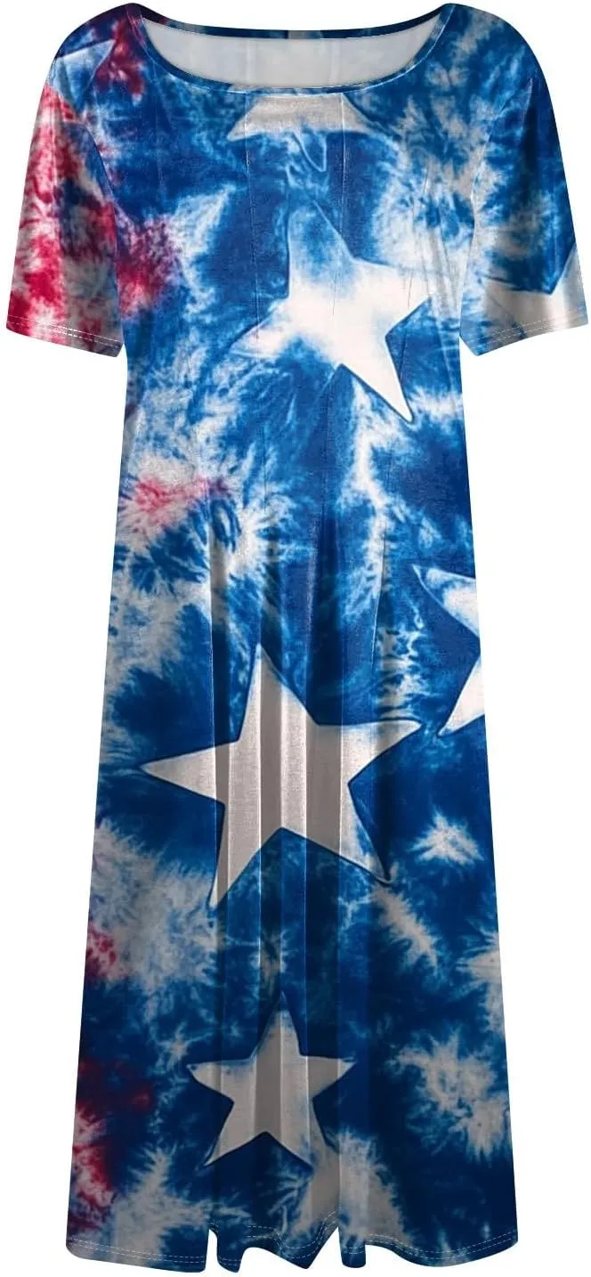 Independence Day Short Sleeved Round Neck Women's Long Dress with American Flag Print Mini Dress