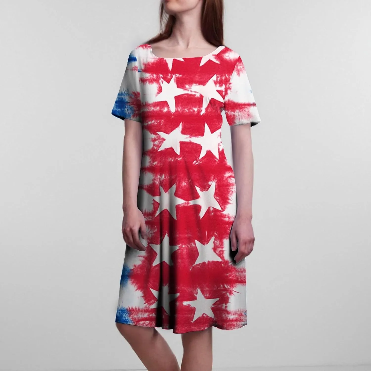 Independence Day Short Sleeved Round Neck Women's Long Dress with American Flag Print Mini Dress