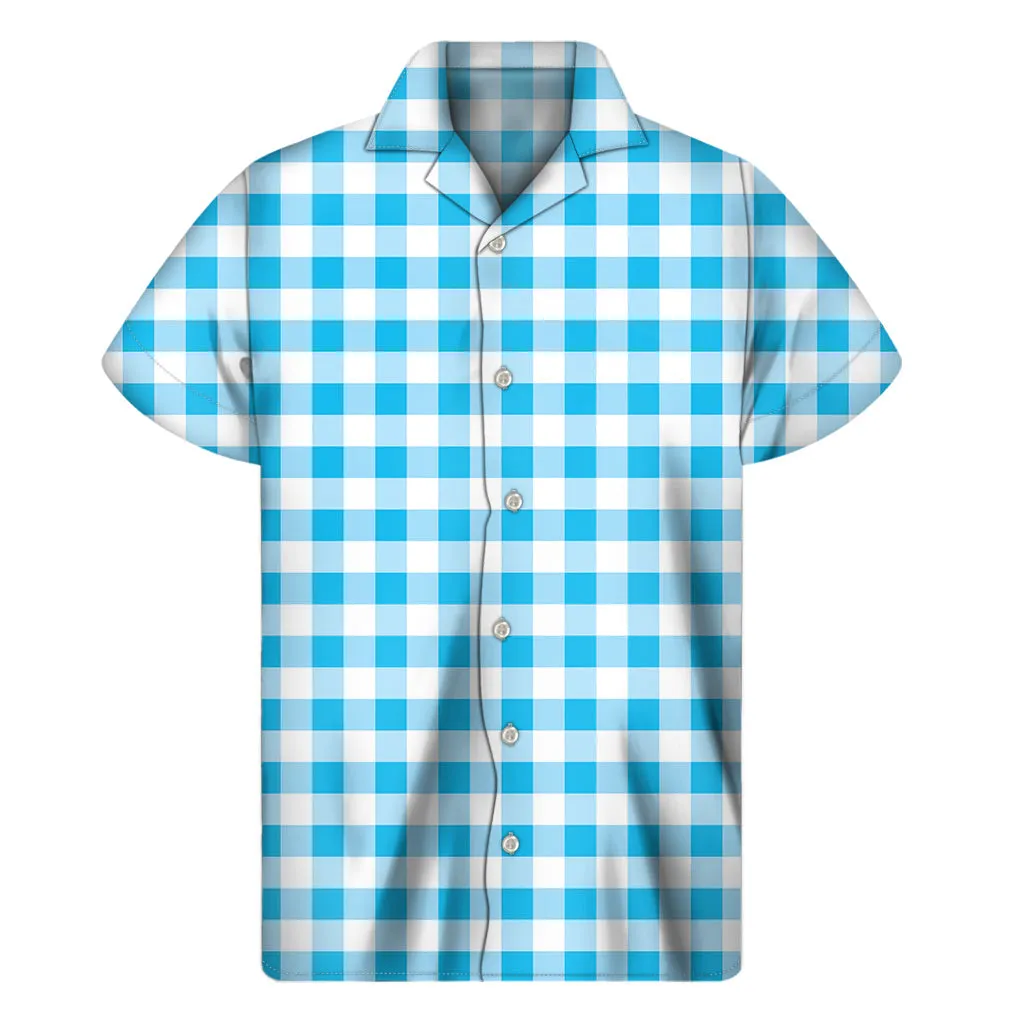 Island Breeze: Cyan Blue and White Gingham Hawaiian Short Sleeve Shirt