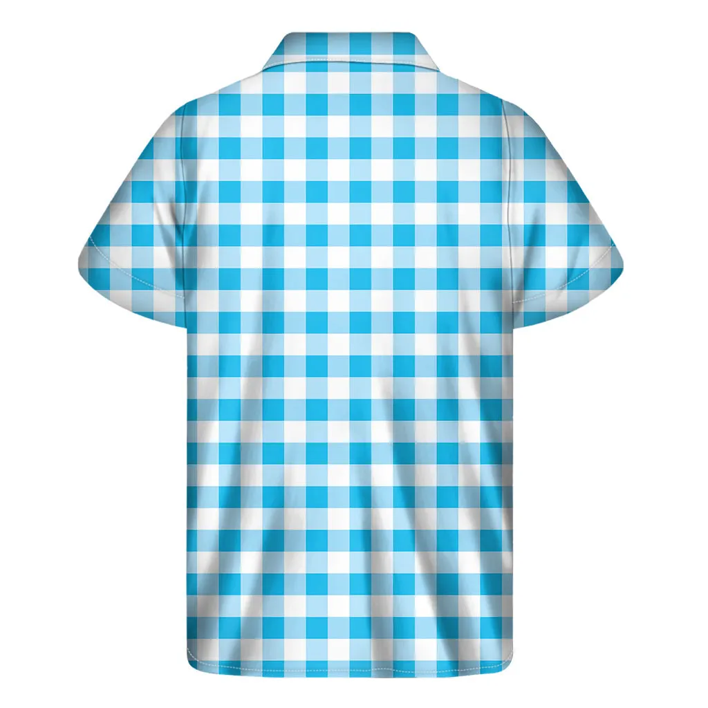 Island Breeze: Cyan Blue and White Gingham Hawaiian Short Sleeve Shirt