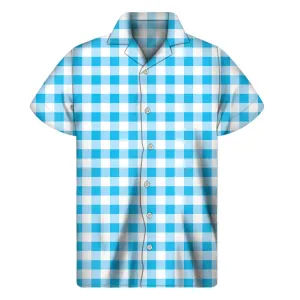 Island Breeze: Cyan Blue and White Gingham Hawaiian Short Sleeve Shirt