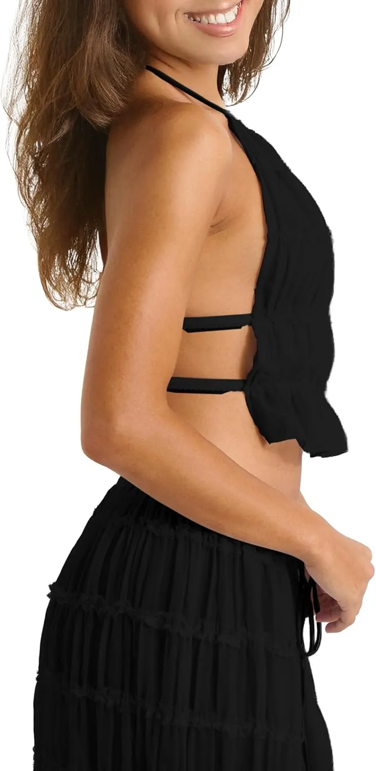 ISZPLUSH Women's 2 Piece Backless Ruched Maxi Dress, Halter Neck Ruffle Trim Crinkle Tie Long Dress Vacation Beach Outfits