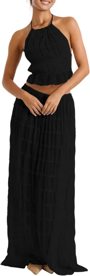 ISZPLUSH Women's 2 Piece Backless Ruched Maxi Dress, Halter Neck Ruffle Trim Crinkle Tie Long Dress Vacation Beach Outfits
