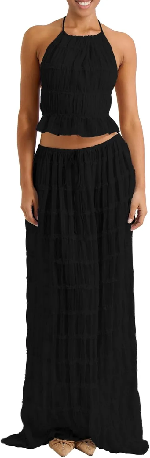 ISZPLUSH Women's 2 Piece Backless Ruched Maxi Dress, Halter Neck Ruffle Trim Crinkle Tie Long Dress Vacation Beach Outfits