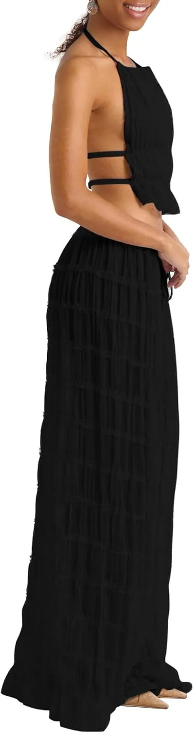 ISZPLUSH Women's 2 Piece Backless Ruched Maxi Dress, Halter Neck Ruffle Trim Crinkle Tie Long Dress Vacation Beach Outfits