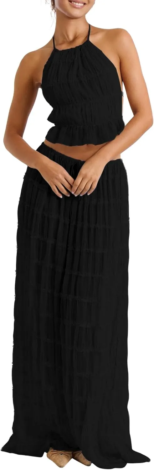 ISZPLUSH Women's 2 Piece Backless Ruched Maxi Dress, Halter Neck Ruffle Trim Crinkle Tie Long Dress Vacation Beach Outfits