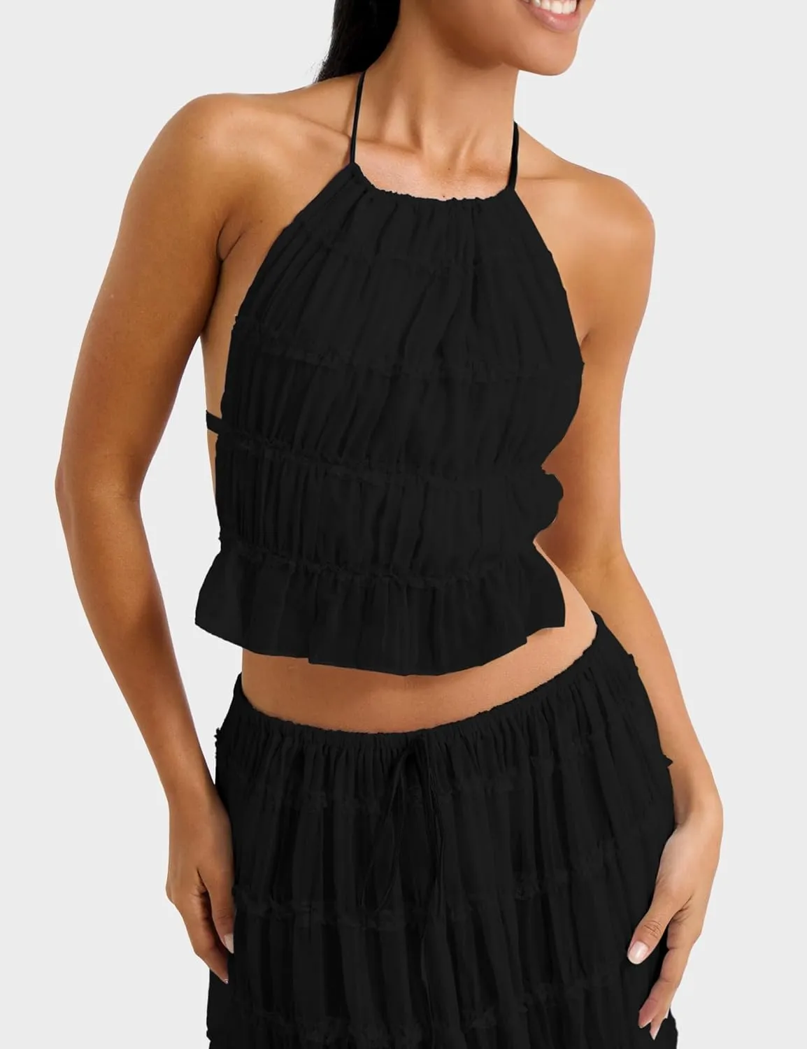 ISZPLUSH Women's 2 Piece Backless Ruched Maxi Dress, Halter Neck Ruffle Trim Crinkle Tie Long Dress Vacation Beach Outfits