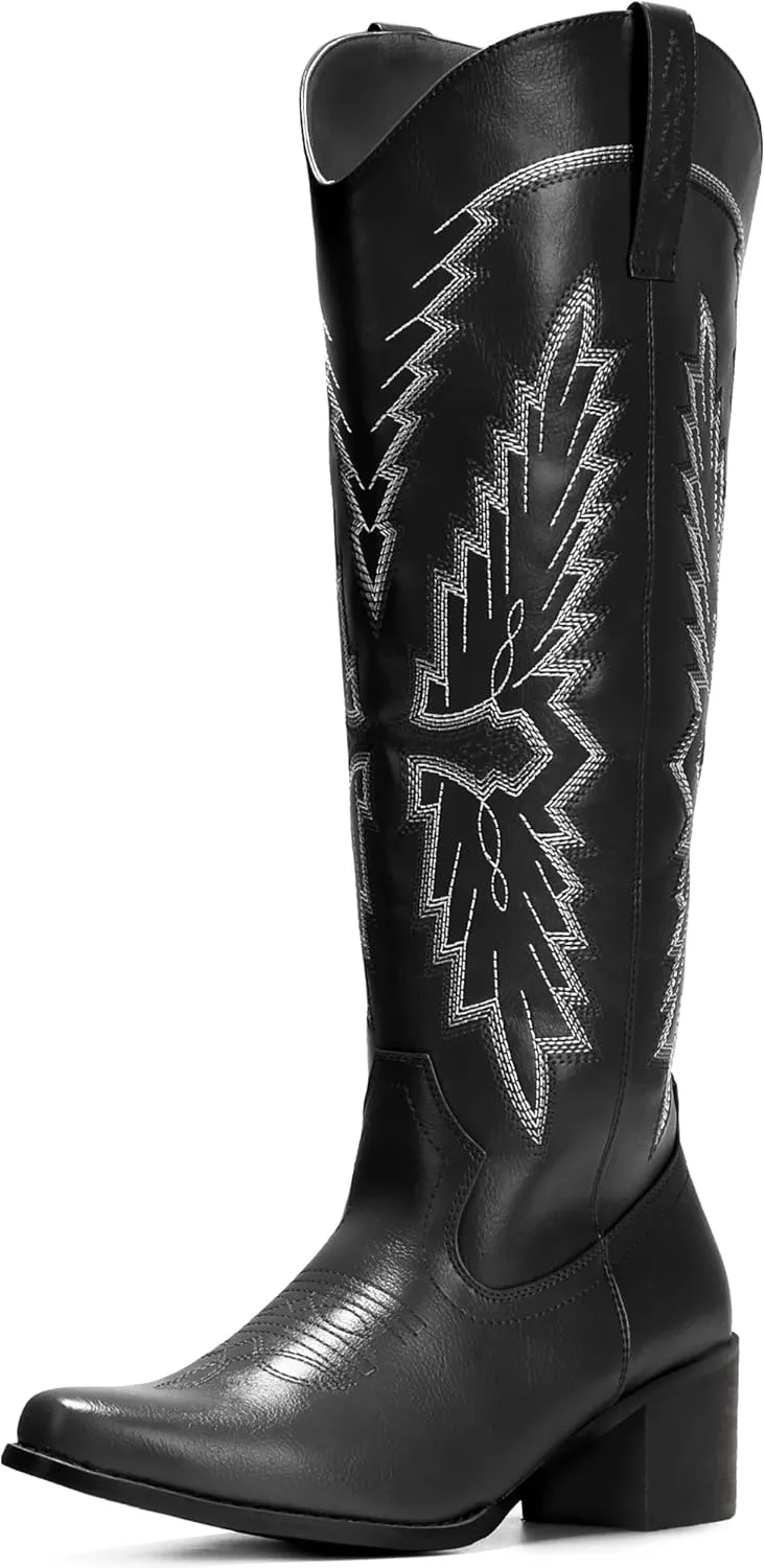 IUV Cowboy Boots for Women Knee High Western Pointy Toe Chunky Heel Zipper Cowgirl Boots for Country Concert