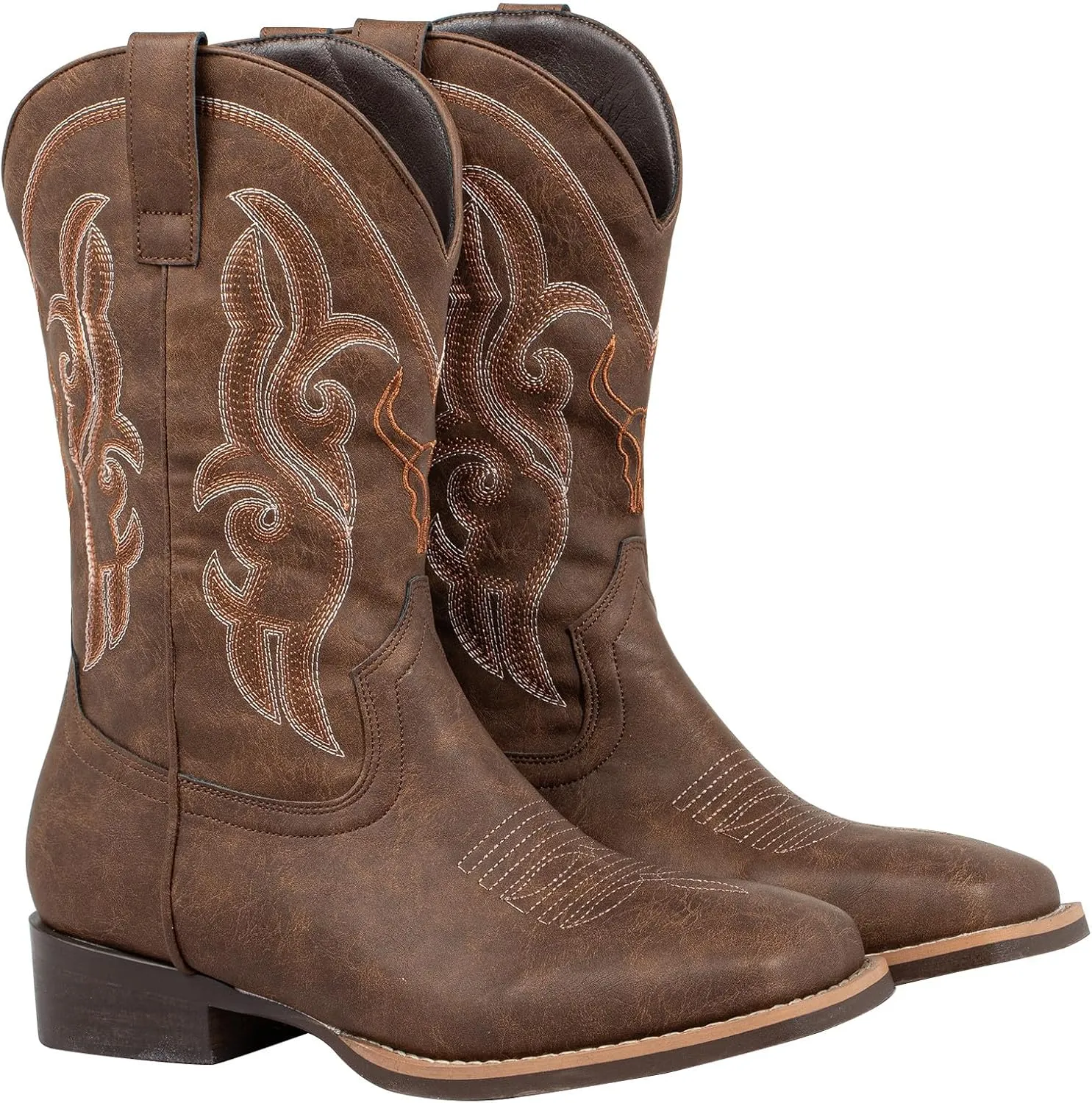 J's.o.l.e Western Cowboy Boots for Men Square Toe Embroidered Slip On Wide Calf Country Work Riding Boot Brown