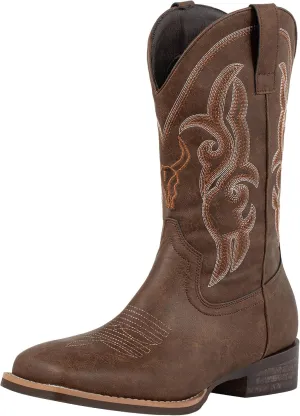 J's.o.l.e Western Cowboy Boots for Men Square Toe Embroidered Slip On Wide Calf Country Work Riding Boot Brown
