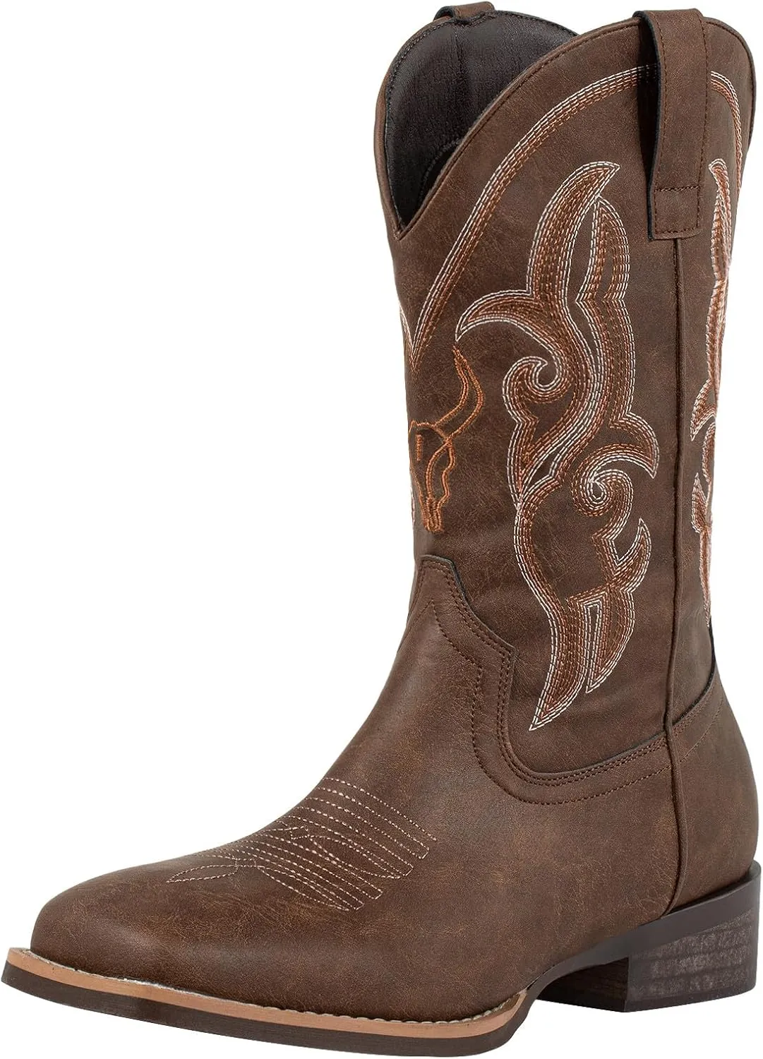 J's.o.l.e Western Cowboy Boots for Men Square Toe Embroidered Slip On Wide Calf Country Work Riding Boot Brown