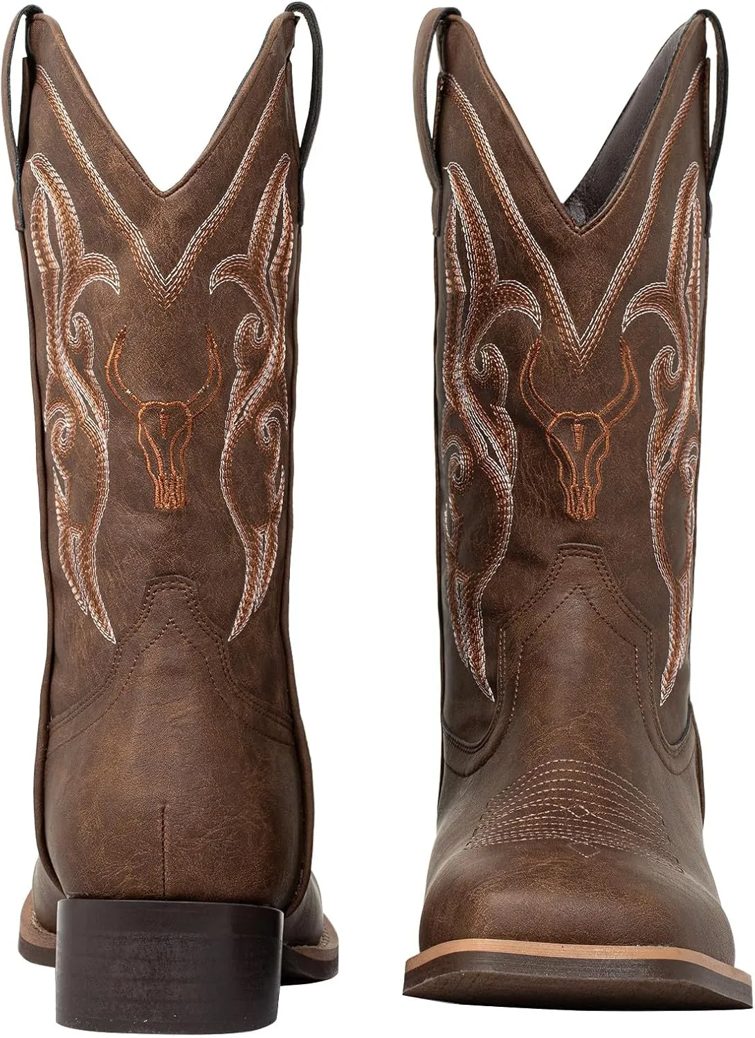 J's.o.l.e Western Cowboy Boots for Men Square Toe Embroidered Slip On Wide Calf Country Work Riding Boot Brown