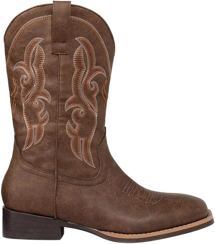 J's.o.l.e Western Cowboy Boots for Men Square Toe Embroidered Slip On Wide Calf Country Work Riding Boot Brown