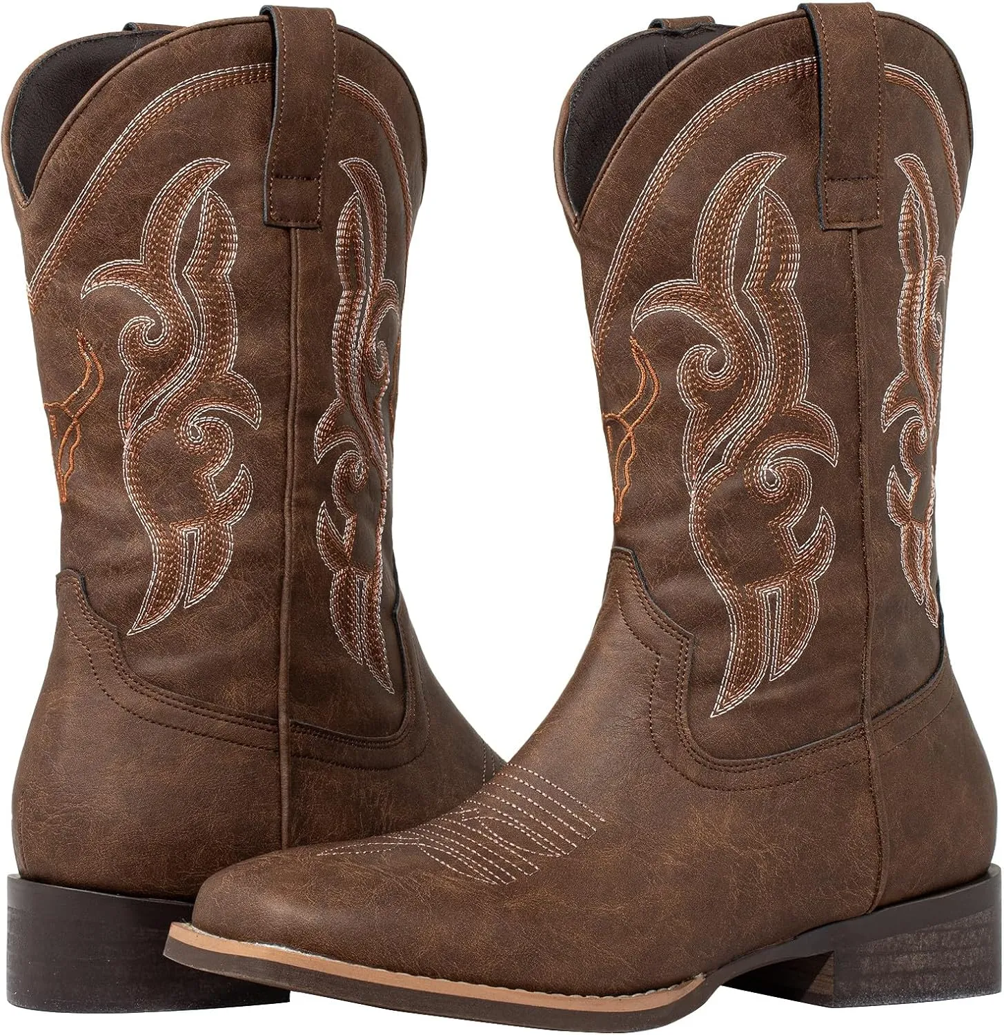 J's.o.l.e Western Cowboy Boots for Men Square Toe Embroidered Slip On Wide Calf Country Work Riding Boot Brown