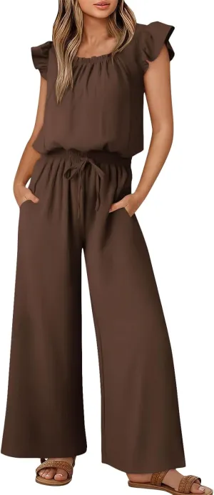 Jumpsuits For Women 2025 Summer Ruffle Sleeve High Waist One Piece Overalls Drawstring Wide Leg Rompers With Pockets