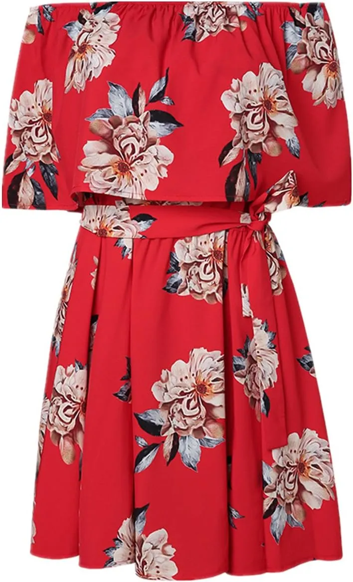 KBOOK Women's Off Shoulder Floral Print Cute Vacation Boho Short Sleeve Casual Mini Party Dress with Belt