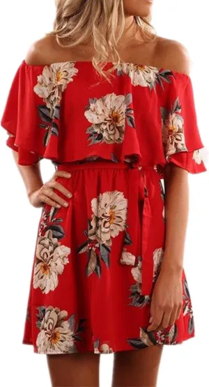 KBOOK Women's Off Shoulder Floral Print Cute Vacation Boho Short Sleeve Casual Mini Party Dress with Belt