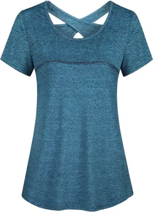 Kimmery Woman Short Sleeve Round Neck Criss Cross Back Yoga Shirt