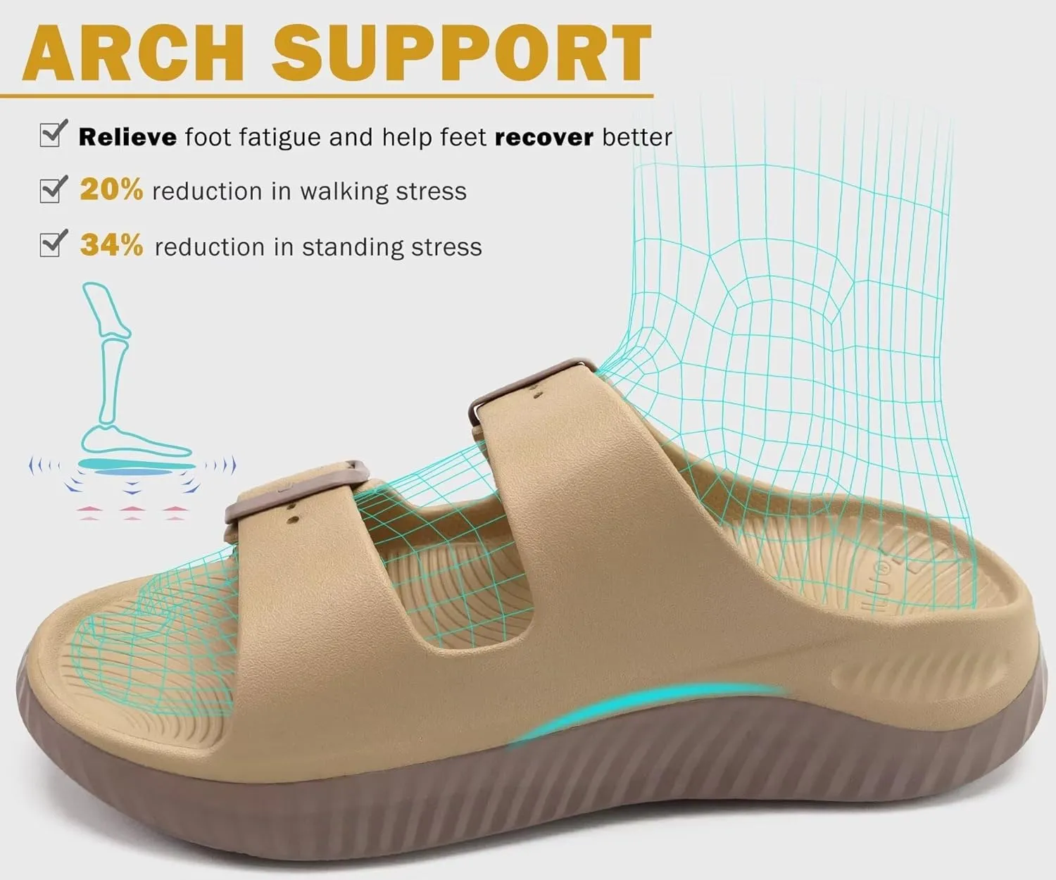 KuaiLu Womens Recovery Sandals With Comfortable Plantar Fasciitis Arch Support, Orthotic Adjustable Thick Cushion Sport Slides Reduces Stress on Feet, Joints & Back Post-Exercise