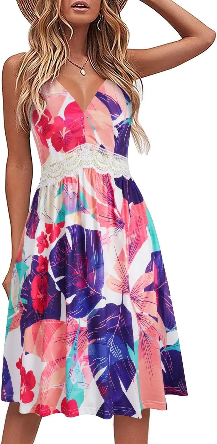 LAISHEN Women's 2024 Summer Casual Sundress V Neck Spaghetti Strap Lace Floral Beach Vacation Midi Dress